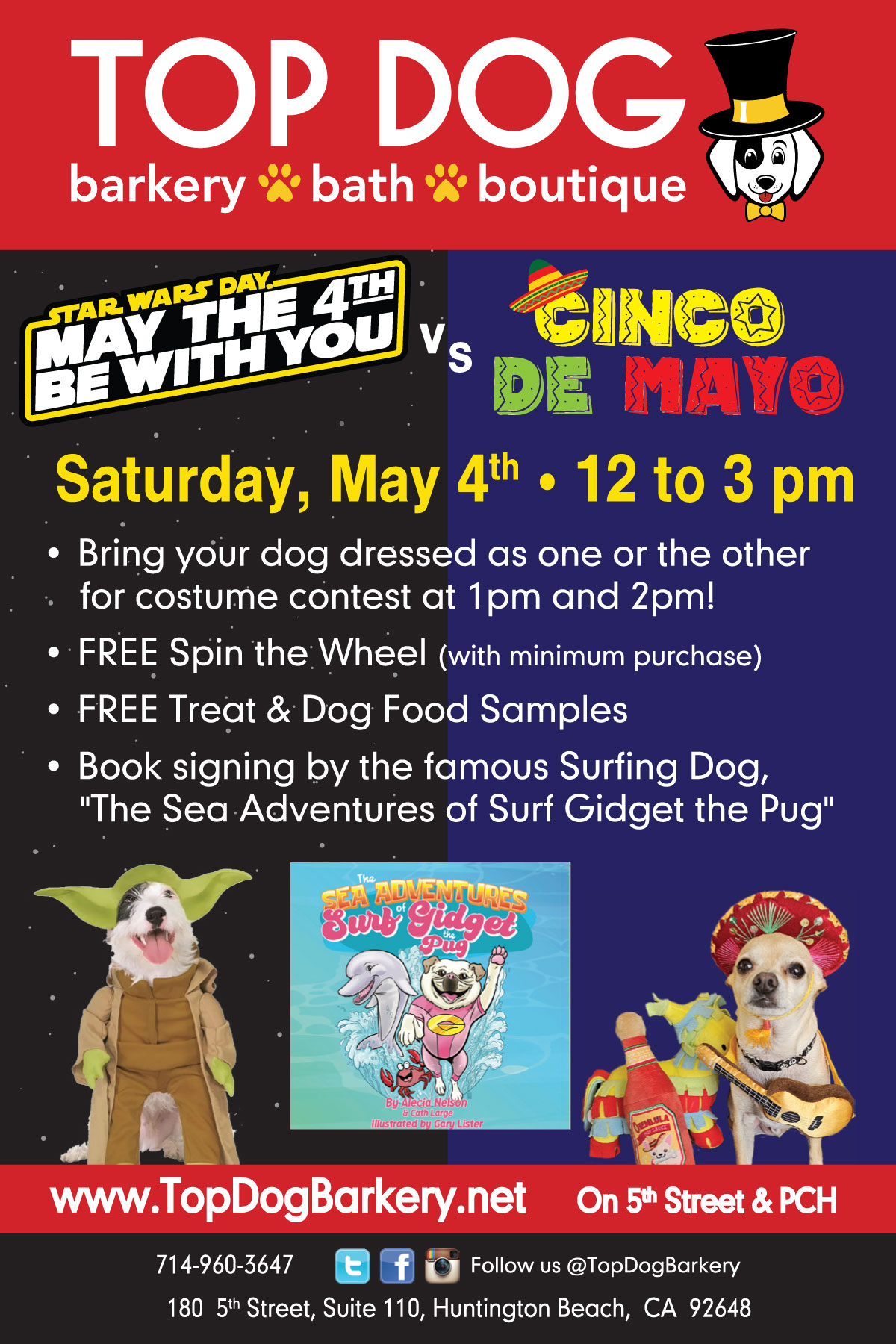 Event poster for a May 4th and Cinco de Mayo celebration with food, books, and activities.